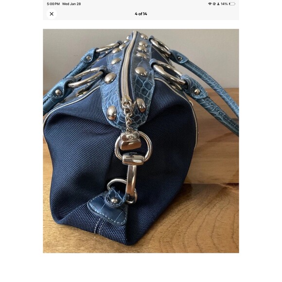 Kathy Van Zeeland Blue Denim & Faux Leather Satchel Bag/Purse Grommets/Studs - Picture 3 of 12